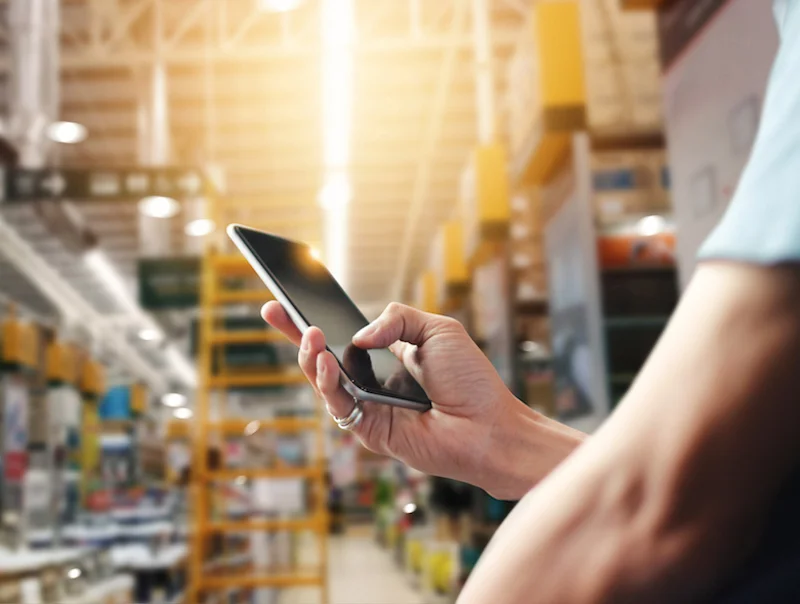 Operatore che consulta uno smartphone tra le scaffalature di un magazzino
